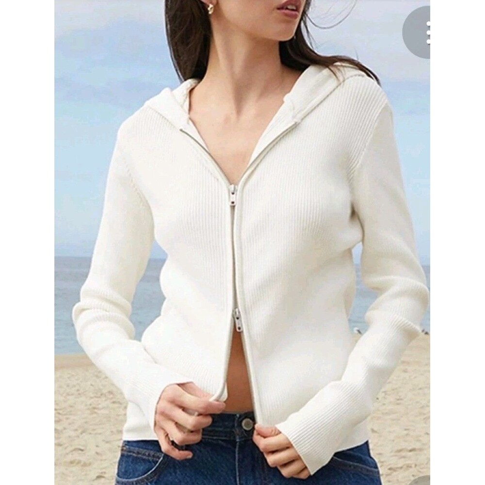 Brandy Melville White Ribbed Arden Cotton Blend Zip up Hoodie Size Medium